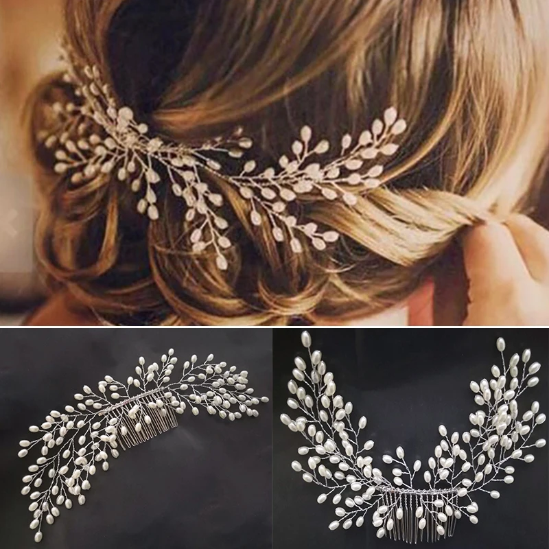 Wedding Crystal Pearl Bridal Tiaras Hair Comb Headwear Bride Rhinestone Hairpins Ornaments Jewelry Hairbands Hair Accessories
