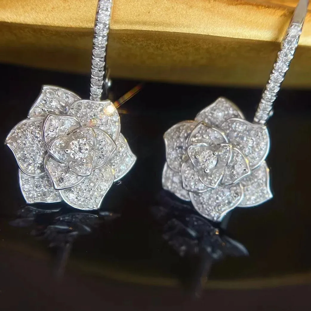 Camellia Flower Full Zircon Earrings Light Luxury   High end Jewelry Wholesale
