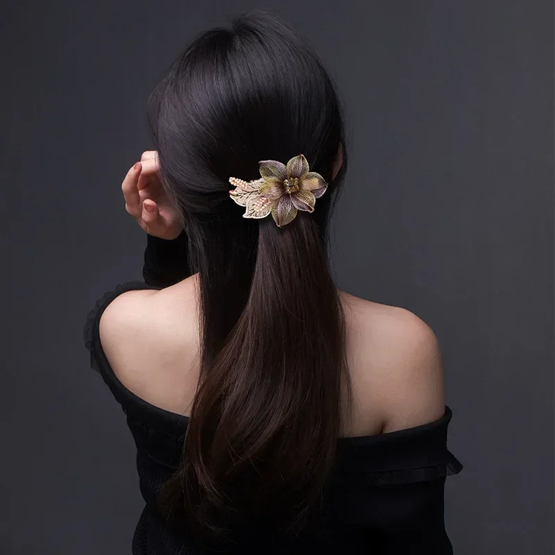 Fashion Luxury Weaving Flower Hairpin Bride Hair Accessories for Women Elegant Horsetail Spring Clip Headwear Mom jewelry Tiara