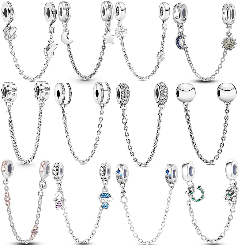 Real 925 Sterling Silver Stars & Moon Sunflower Safety Chains Spacer Beads Charms Fit Pandora 925 Original Bracelets DIY Jewelry
