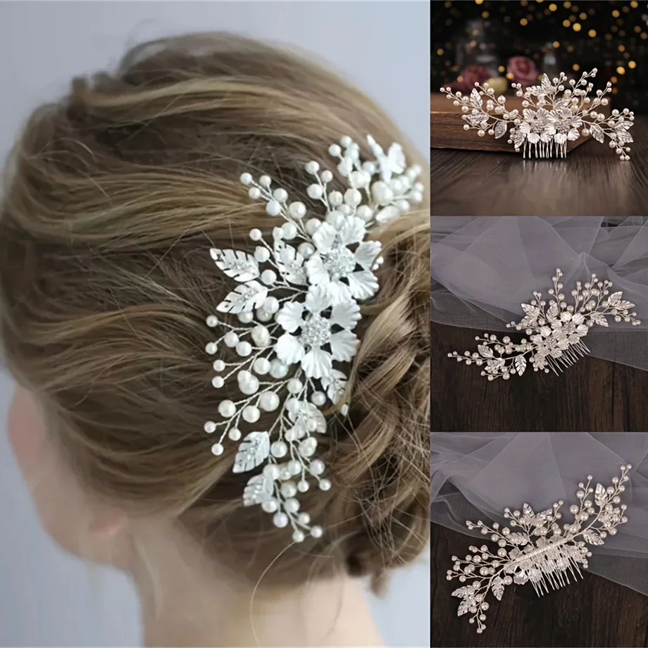 Handmade Silver Color Pearl Rhinestone Flower Hair Comb Clip Headband Tiara For Women Bride Wedding Hair Accessories Jewelry