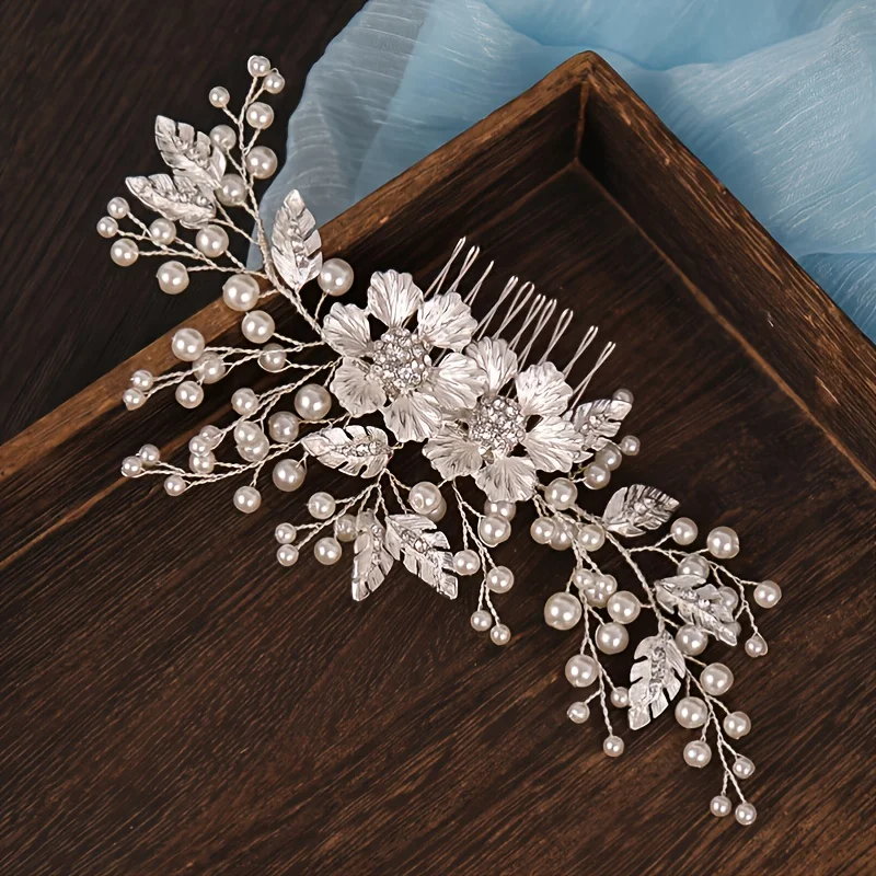 Handmade Silver Color Pearl Rhinestone Flower Hair Comb Clip Headband Tiara For Women Bride Wedding Hair Accessories Jewelry