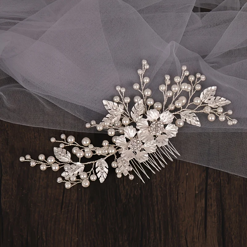 Handmade Silver Color Pearl Rhinestone Flower Hair Comb Clip Headband Tiara For Women Bride Wedding Hair Accessories Jewelry