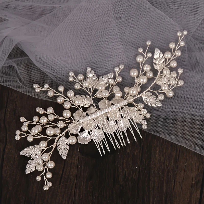 Handmade Silver Color Pearl Rhinestone Flower Hair Comb Clip Headband Tiara For Women Bride Wedding Hair Accessories Jewelry