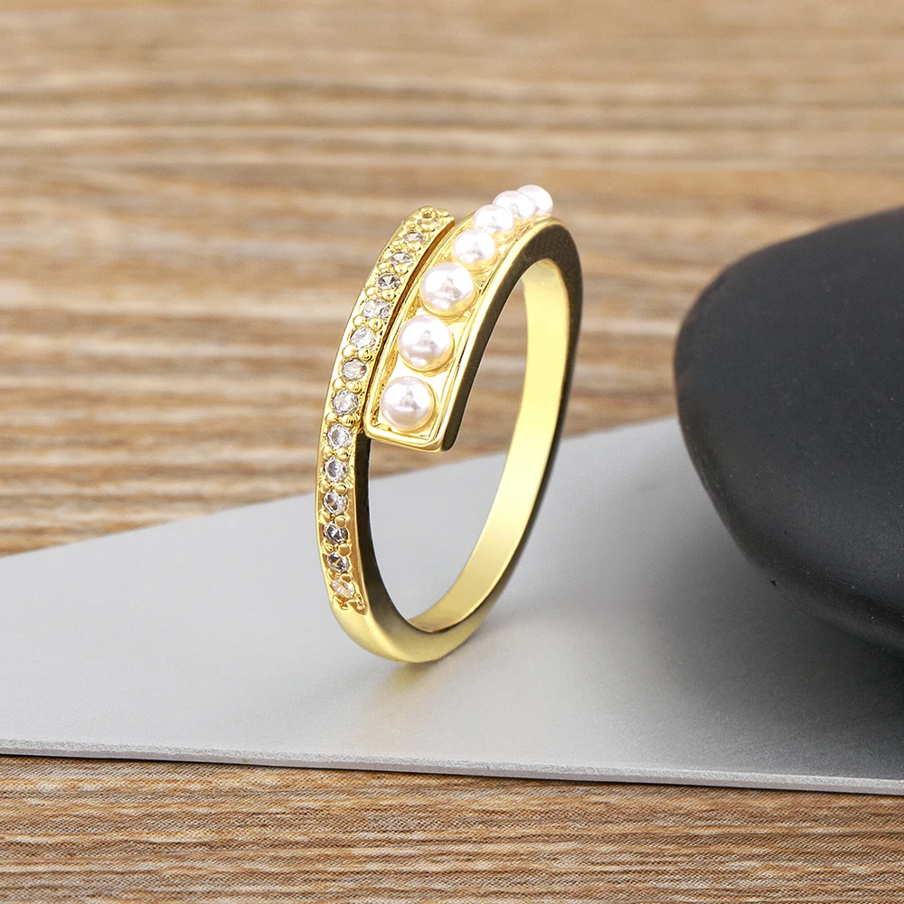 Nidin New Fashion Zircon Inlaid Pearl Opening Rings Adjustable Jewelry For Women Girls Wedding Party Luxury Accessories Gift