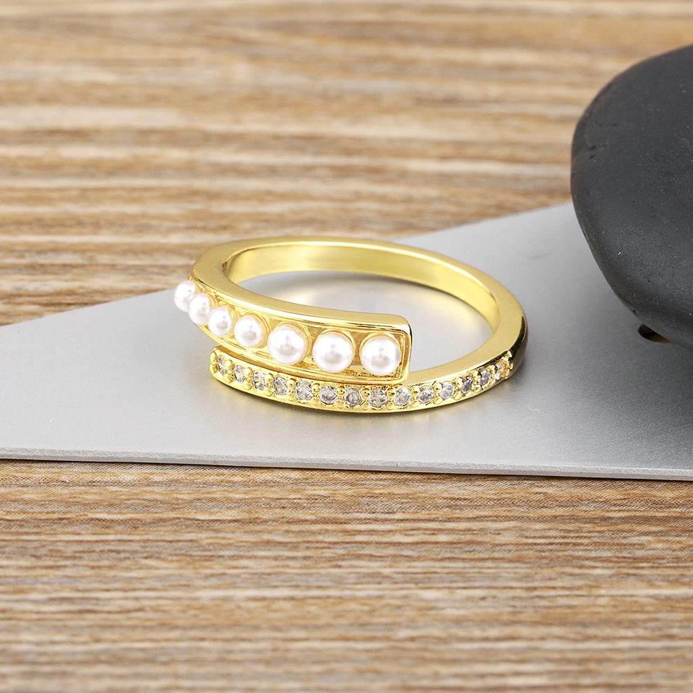 Nidin New Fashion Zircon Inlaid Pearl Opening Rings Adjustable Jewelry For Women Girls Wedding Party Luxury Accessories Gift