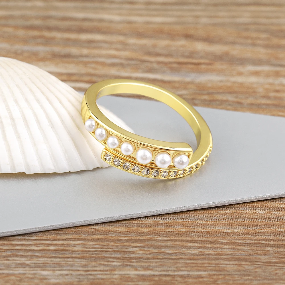 Nidin New Fashion Zircon Inlaid Pearl Opening Rings Adjustable Jewelry For Women Girls Wedding Party Luxury Accessories Gift
