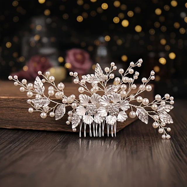 Handmade Silver Color Pearl Rhinestone Flower Hair Comb Clip Headband Tiara For Women Bride Wedding Hair Accessories Jewelry