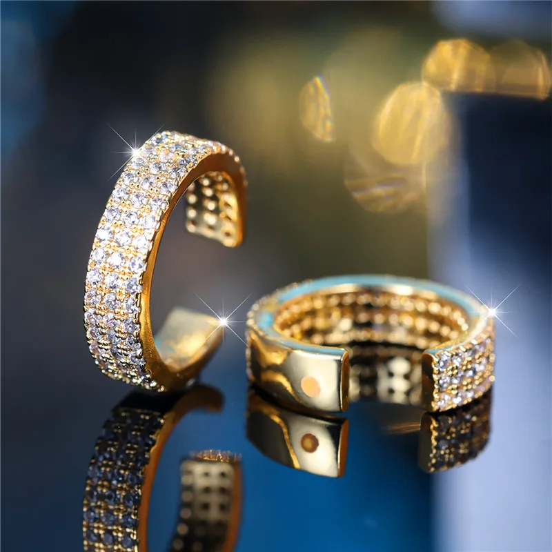 Cute Female White Zircon Stone Clip Earrings Charm Yellow Gold Color Wedding Jewelry For Women