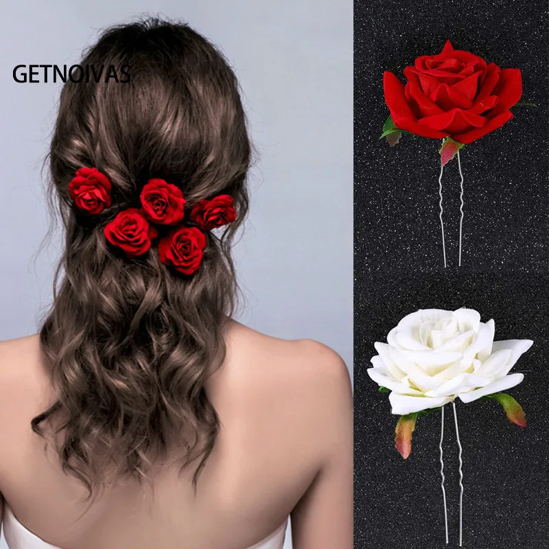 U Type Red Rose Wedding Bride Jewelry Women Hair Accessories Hair Fork Silk Flower Headdress Handmade Bridal Party Headpieces SL