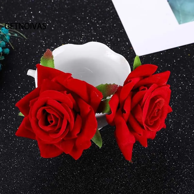 U Type Red Rose Wedding Bride Jewelry Women Hair Accessories Hair Fork Silk Flower Headdress Handmade Bridal Party Headpieces SL