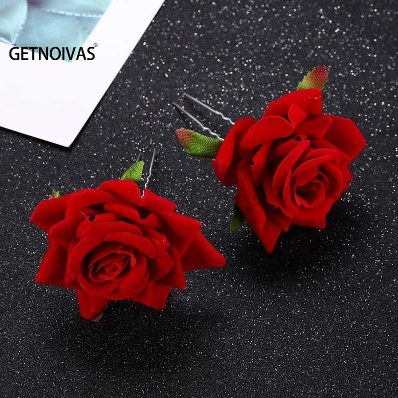 U Type Red Rose Wedding Bride Jewelry Women Hair Accessories Hair Fork Silk Flower Headdress Handmade Bridal Party Headpieces SL