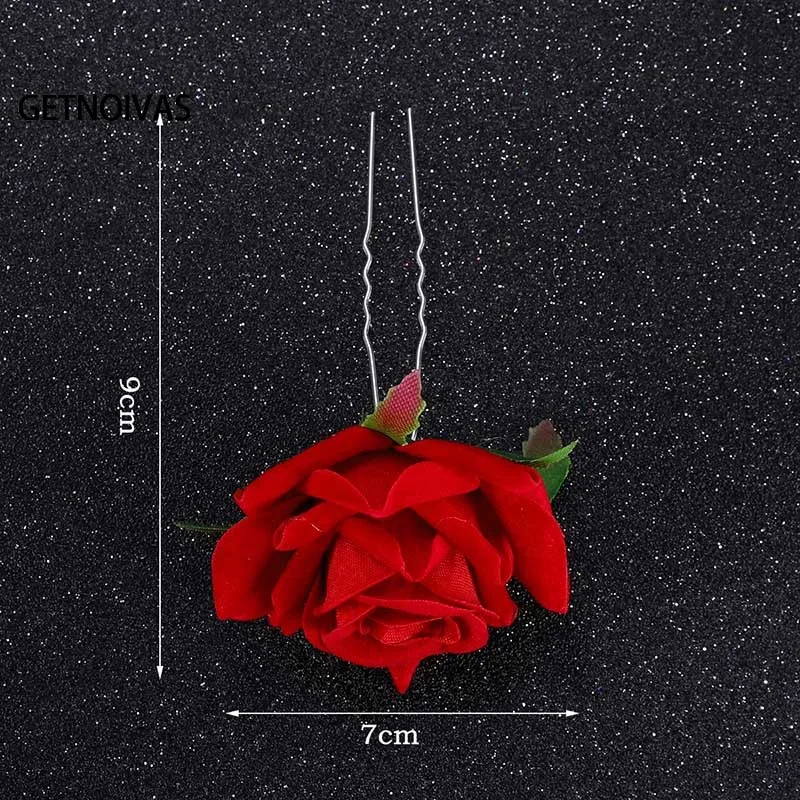 U Type Red Rose Wedding Bride Jewelry Women Hair Accessories Hair Fork Silk Flower Headdress Handmade Bridal Party Headpieces SL