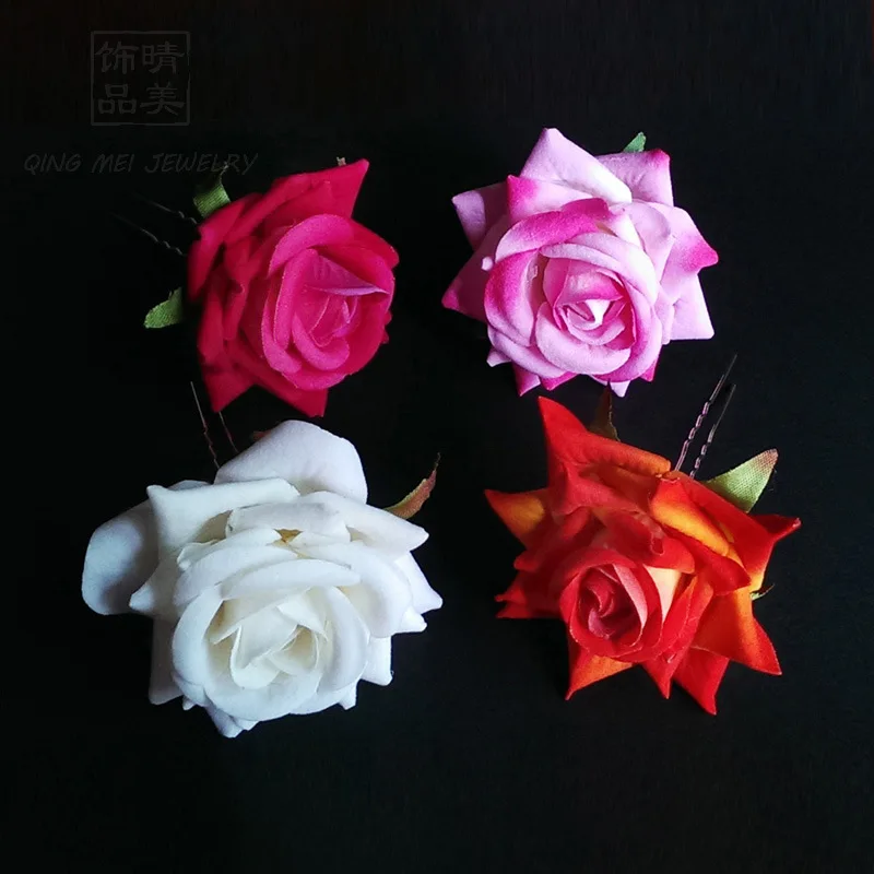 U Type Red Rose Wedding Bride Jewelry Women Hair Accessories Hair Fork Silk Flower Headdress Handmade Bridal Party Headpieces SL