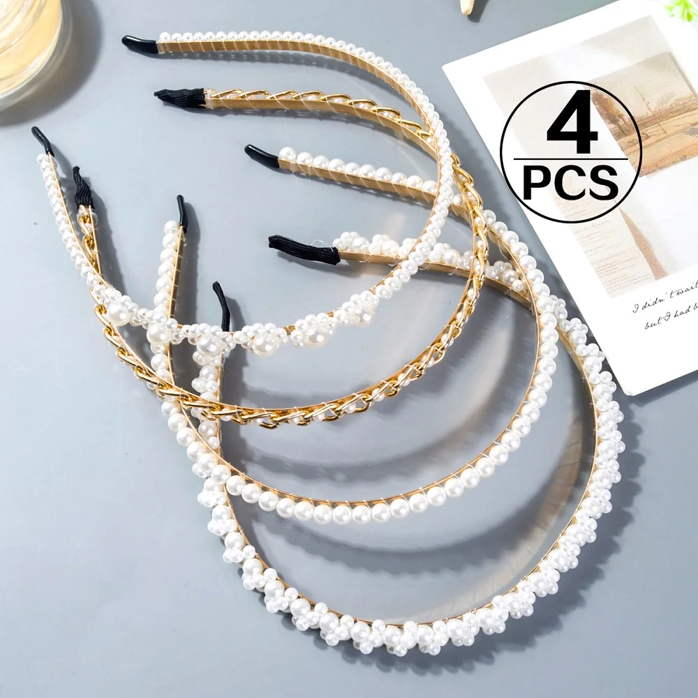 4 Pcs Fashion Full Pearl Hairbands Elastic Flower Women Hair Hoop Bands Headband Bezel Girls Hair Accessories Headdress