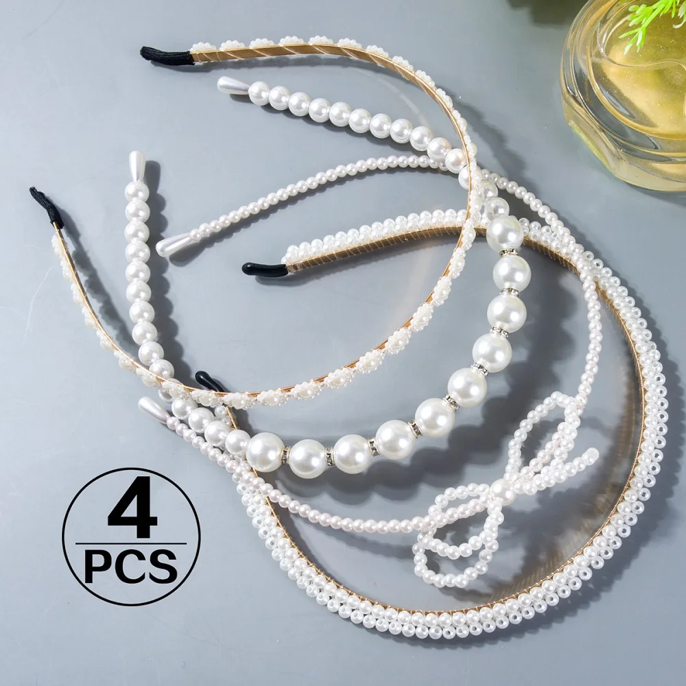 4 Pcs Fashion Full Pearl Hairbands Elastic Flower Women Hair Hoop Bands Headband Bezel Girls Hair Accessories Headdress