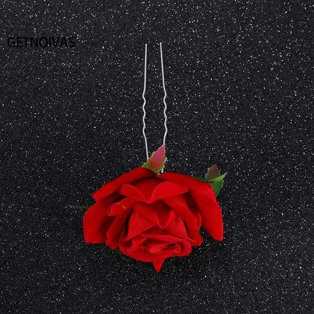 U Type Red Rose Wedding Bride Jewelry Women Hair Accessories Hair Fork Silk Flower Headdress Handmade Bridal Party Headpieces SL