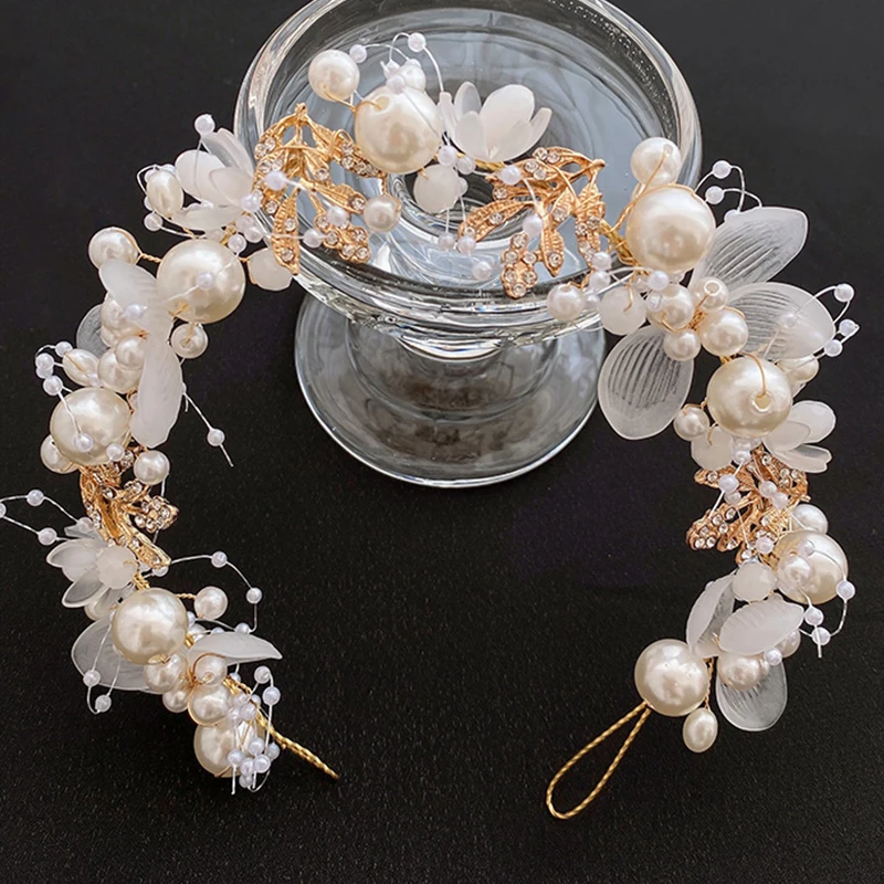 Elegant Girls Bridal Headband Imitated Pearl Hair Headdress Flower Wreath Bride Garland Head Hoop Wedding Headbands Hair Jewelry