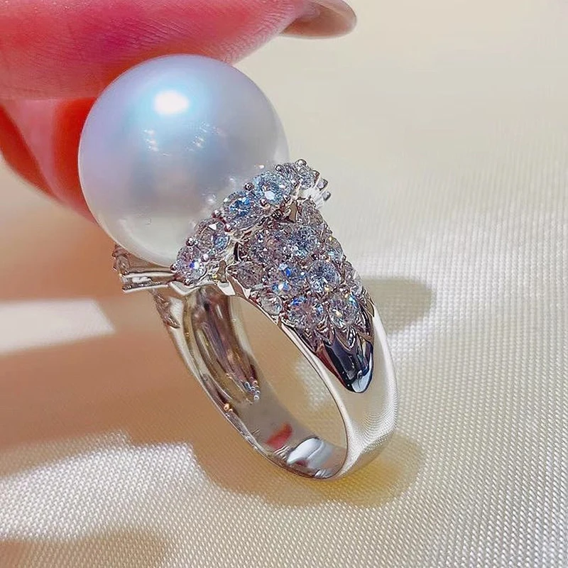 2024 Full Bling Iced Out CZ Simulated Pearl Women Rings High Quality Silver Color Wedding  Luxury Fashion Newly Jewelry