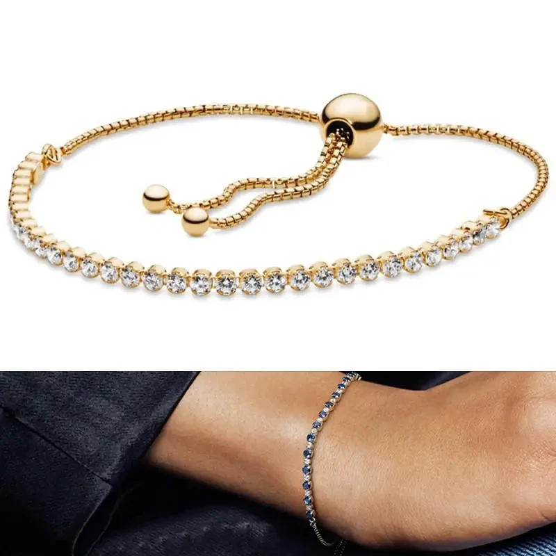 Women Bracelet 100% 925 Silver Original Logo Ice Crystal Zircon Logo Adjustable Tennis Bracelet DIY Jewelry