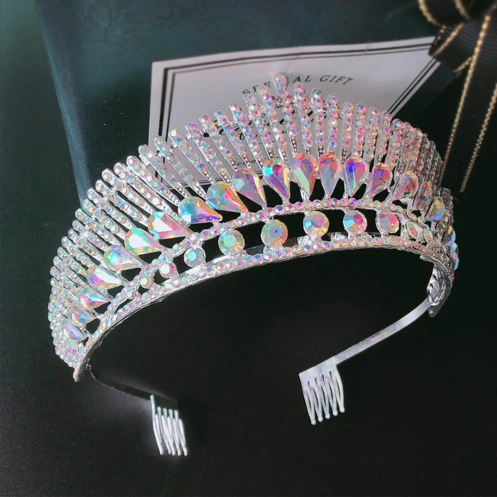 Bridal Tiara AB Crystal Rhinestone Wedding Crown Hair Accessories Women Bride Diadem Headdress Headband Party Headwear Jewelry