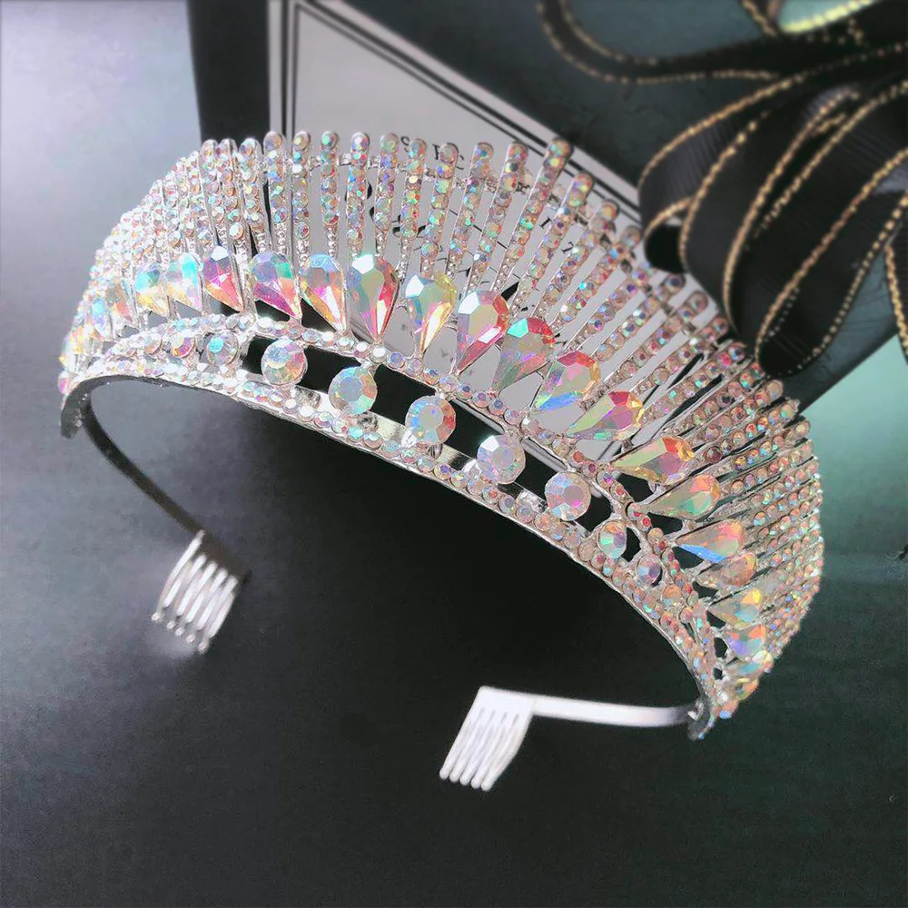 Bridal Tiara AB Crystal Rhinestone Wedding Crown Hair Accessories Women Bride Diadem Headdress Headband Party Headwear Jewelry