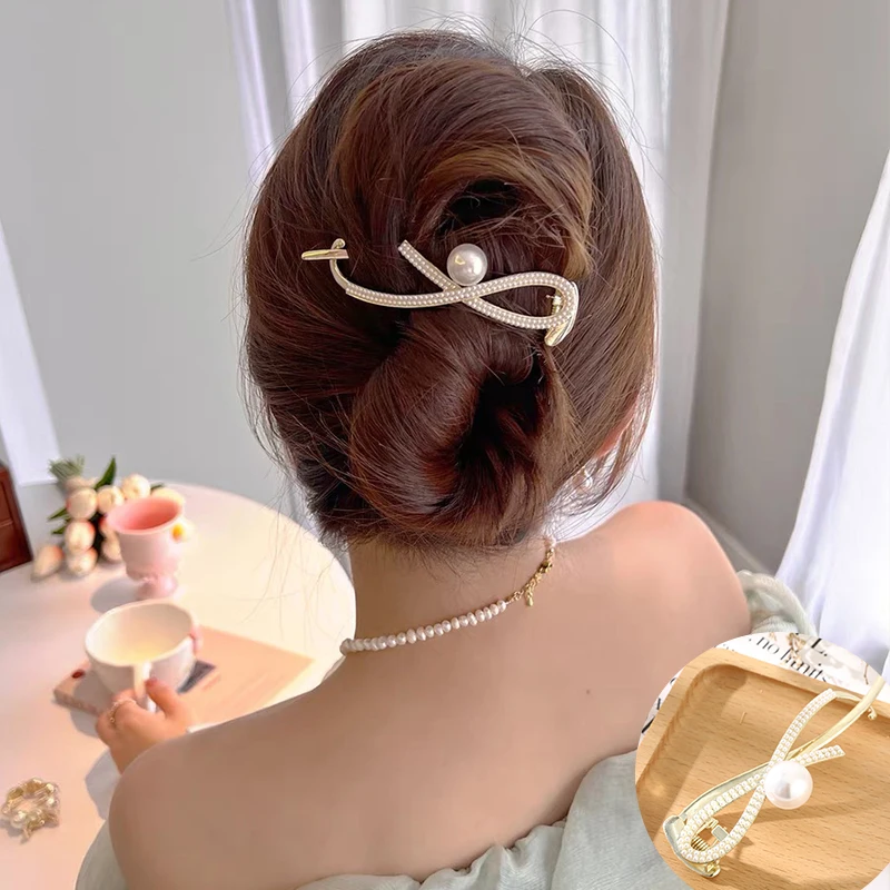 Women Elegant S Shape Pearl Hair Claw Clip Hair Bun Hairpin Headwear Rhinestone Metal Barrettes