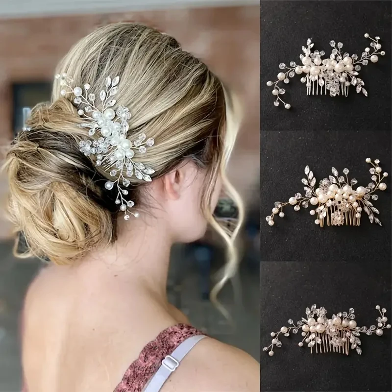 Women Luxurious Pearl Crystal Wedding Hair Combs Hair Accessories Bridal Flower Headpiece Ornaments Jewelry