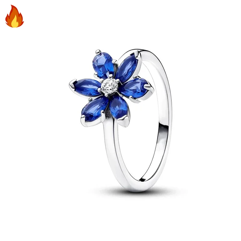 Women's Exquisite Sparkling Blue Pear Flower ME Cone Nail Logo Ring Fashion 925 Silver DIY Charm Jewelry