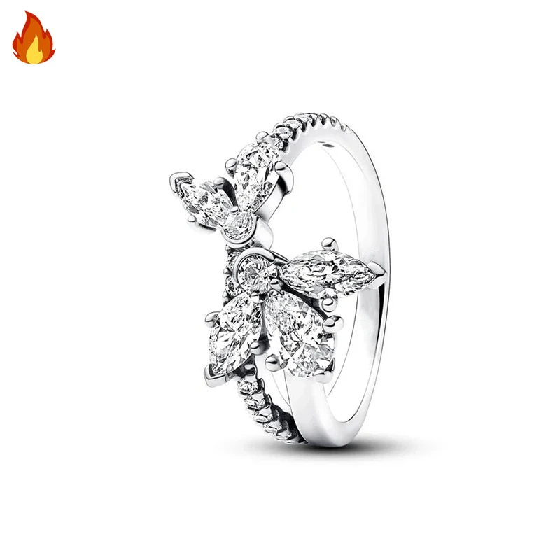 Women's Exquisite Sparkling Blue Pear Flower ME Cone Nail Logo Ring Fashion 925 Silver DIY Charm Jewelry