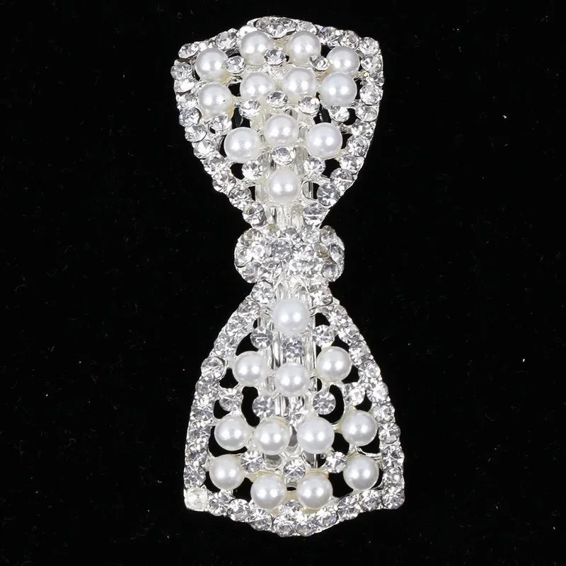 Women Trendy Pearl Bow Hair Accessories Girls High-grade Grace Temperament Crystal Inlay Horsetail Clip