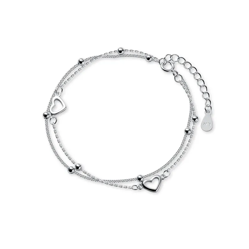Women 925 Sterling Silver Double Love Heart Hollow Round Beads Bracelet Fashion Romantic Jewelry Classic Adjustable