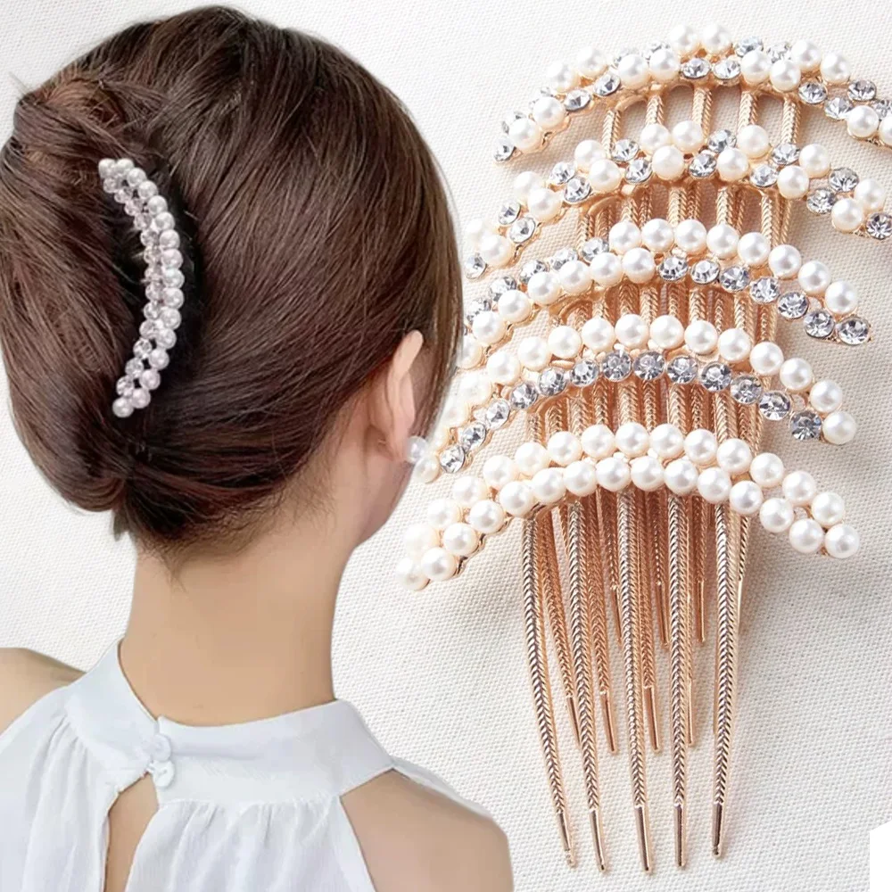 Elegant Pearl Hair Combs Hairpin Women Luxury Crystal Bun Decor Wedding Bridal Hair Claw Clips Hair Jewelry Accessories
