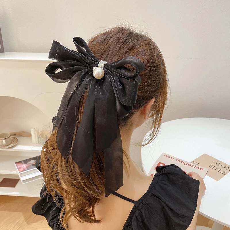 Korean Big Ribbon Hair Clip Hair Ribbon Ponytail Pearl Big Organza Bow Hair Pins Long Ribbon Temperament Fashion Hair Accessory