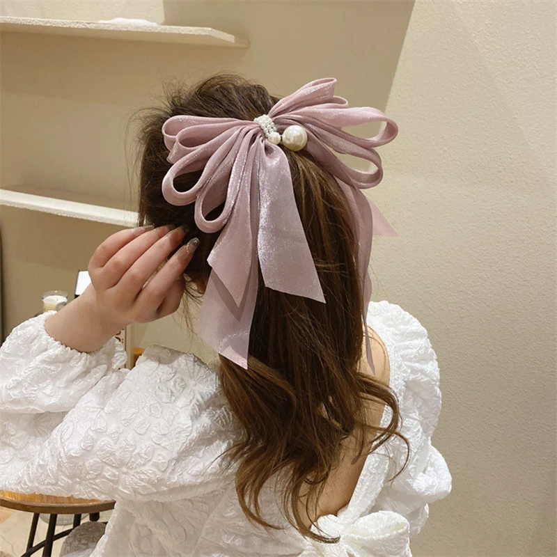 Korean Big Ribbon Hair Clip Hair Ribbon Ponytail Pearl Big Organza Bow Hair Pins Long Ribbon Temperament Fashion Hair Accessory