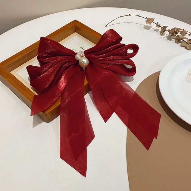 Korean Big Ribbon Hair Clip Hair Ribbon Ponytail Pearl Big Organza Bow Hair Pins Long Ribbon Temperament Fashion Hair Accessory