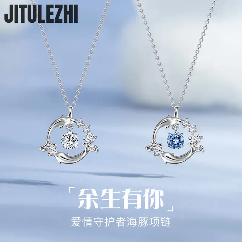 925 Sterling Silver Necklace Pendant For Women Jewelry Dolphin Necklace Luxurious Design With Jumping Heart Lock Bone Chain