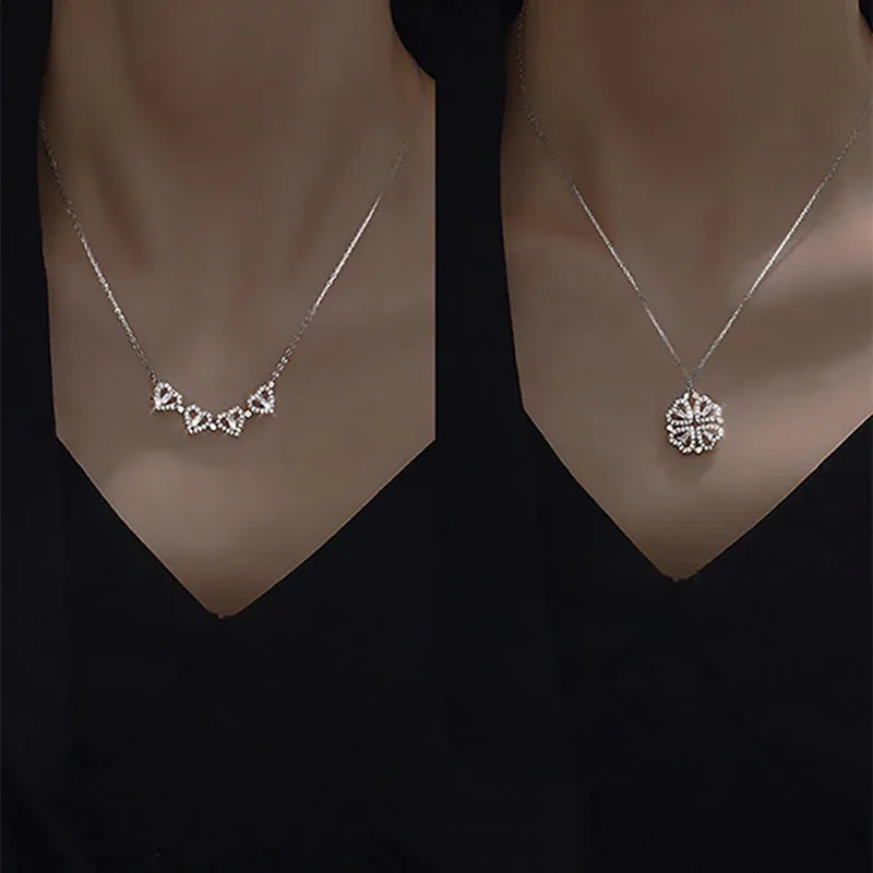 Heart Shaped Four Leaf Clover Pendant Necklace 925 Silver Jewelry Zircon Women Love Clavicle Chain Gifts Openable Choker Jewelry
