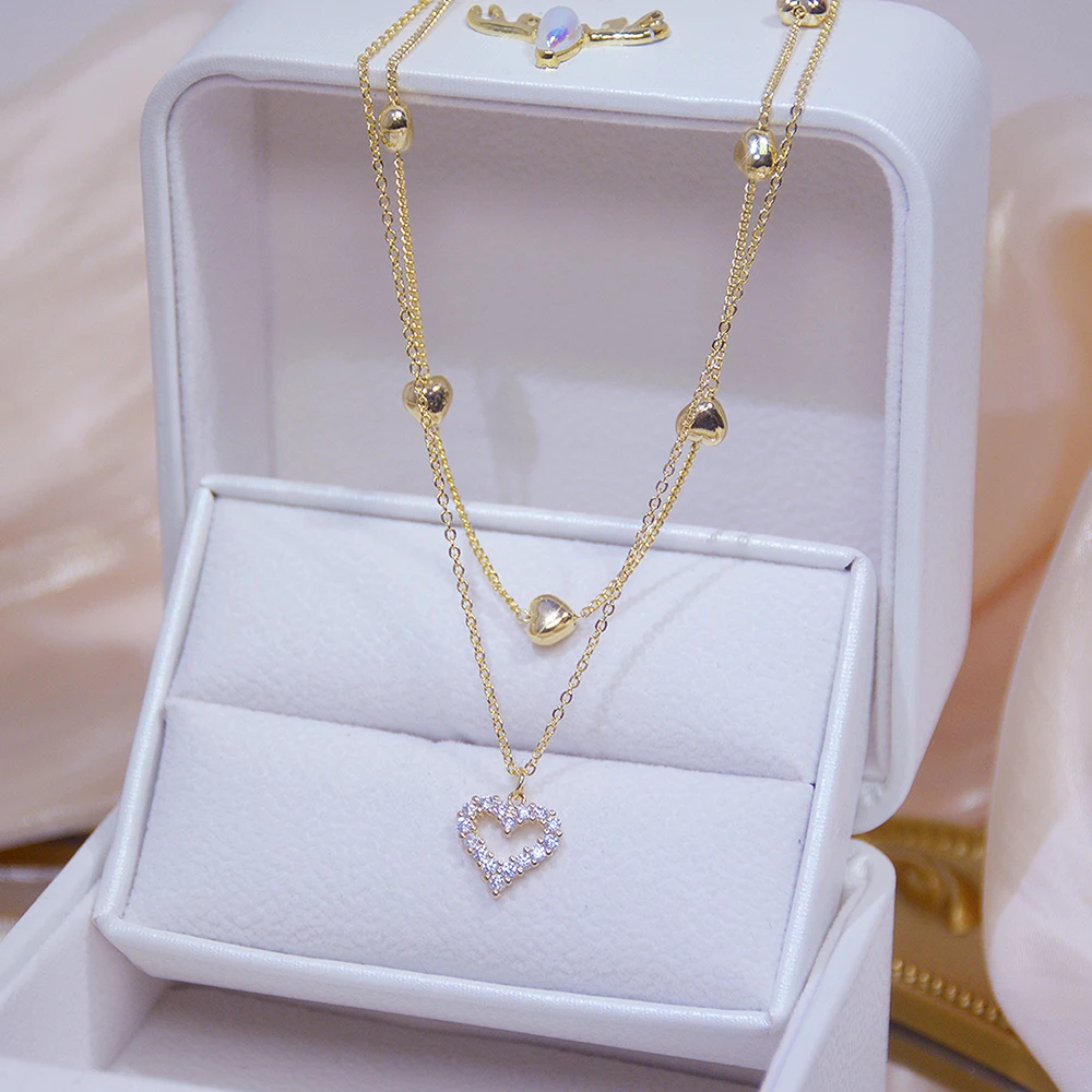 14k Plated Gold Double Layer Heart Necklace Shining Bling AAA Zircon Women Clavicle Chain Elegant Charm Wedding Pendant JewelryP
