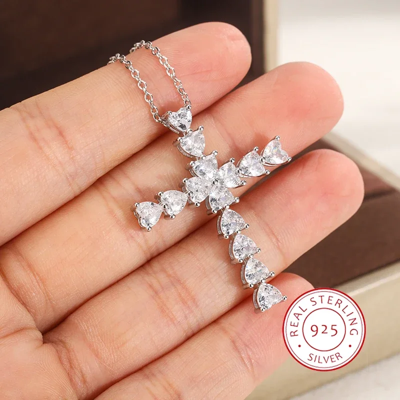 Exquisite Faith Cross Love Pendant Necklace Fashion Ladies Jewelry 925 Sterling Silver Wild Sweater Chain Silver Cross Necklace