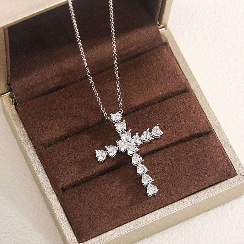 Exquisite Faith Cross Love Pendant Necklace Fashion Ladies Jewelry 925 Sterling Silver Wild Sweater Chain Silver Cross Necklace