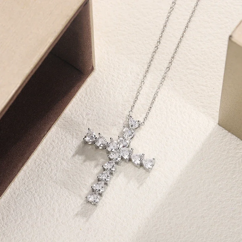 Exquisite Faith Cross Love Pendant Necklace Fashion Ladies Jewelry 925 Sterling Silver Wild Sweater Chain Silver Cross Necklace