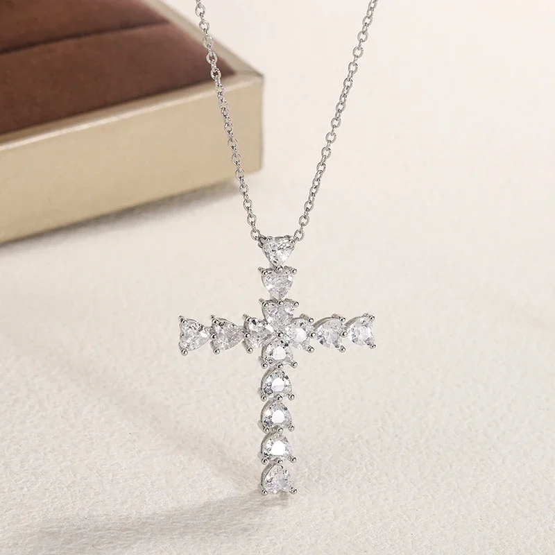 Exquisite Faith Cross Love Pendant Necklace Fashion Ladies Jewelry 925 Sterling Silver Wild Sweater Chain Silver Cross Necklace