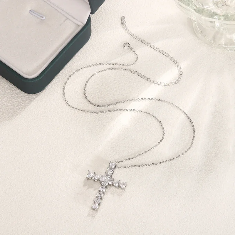 Exquisite Faith Cross Love Pendant Necklace Fashion Ladies Jewelry 925 Sterling Silver Wild Sweater Chain Silver Cross Necklace