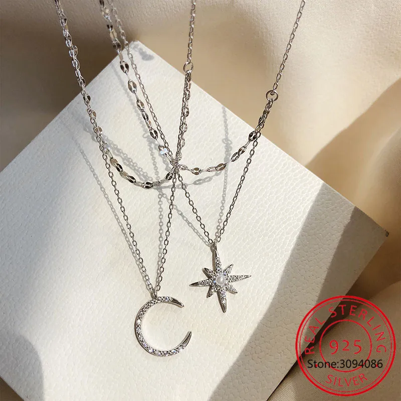 925 Sterling Silver Double Chain Charm Moon CZ Choker Necklace For Women Wedding Party Fine S925 Jewelry Gift DA1225