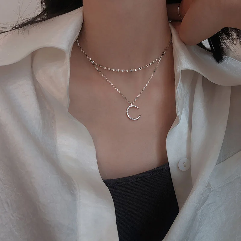 925 Sterling Silver Double Chain Charm Moon CZ Choker Necklace For Women Wedding Party Fine S925 Jewelry Gift DA1225