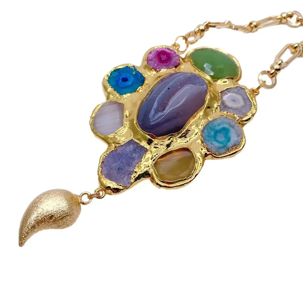 YYGEM 87x70mm Multi Color Agate Slice Druzy Big Stone Pendant Gold Plated Chain Choker Necklace Women Jewelry