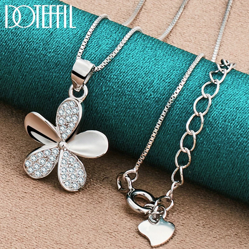 DOTEFFIL 925 Sterling Silver Petal Pendant Necklace Full AAA Zircon 18 Inch Box Chain For Woman Fashion Wedding Charm JewelryPro
