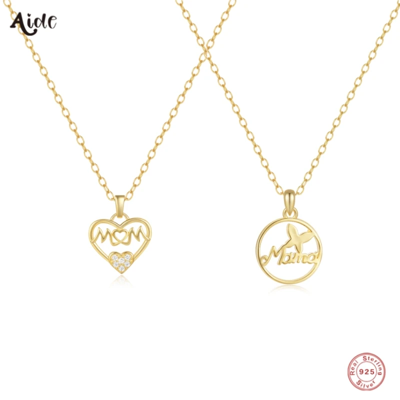 Aide 925 Sterling Silver Mom Hollow Heart Letter With Zircon Pendant Necklace For Women 18k Gold Chain Jewelry Mothers Day Gift