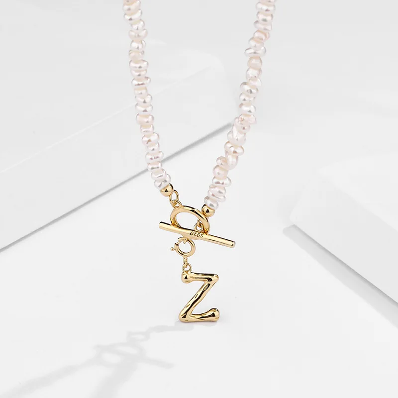 F.I.N.S 925 Sterling Silver Gold Letter Pendant Charm Freshwater Pearl Chain 26 Alphabet OT Bar Necklace Fashion Fine Jewelry